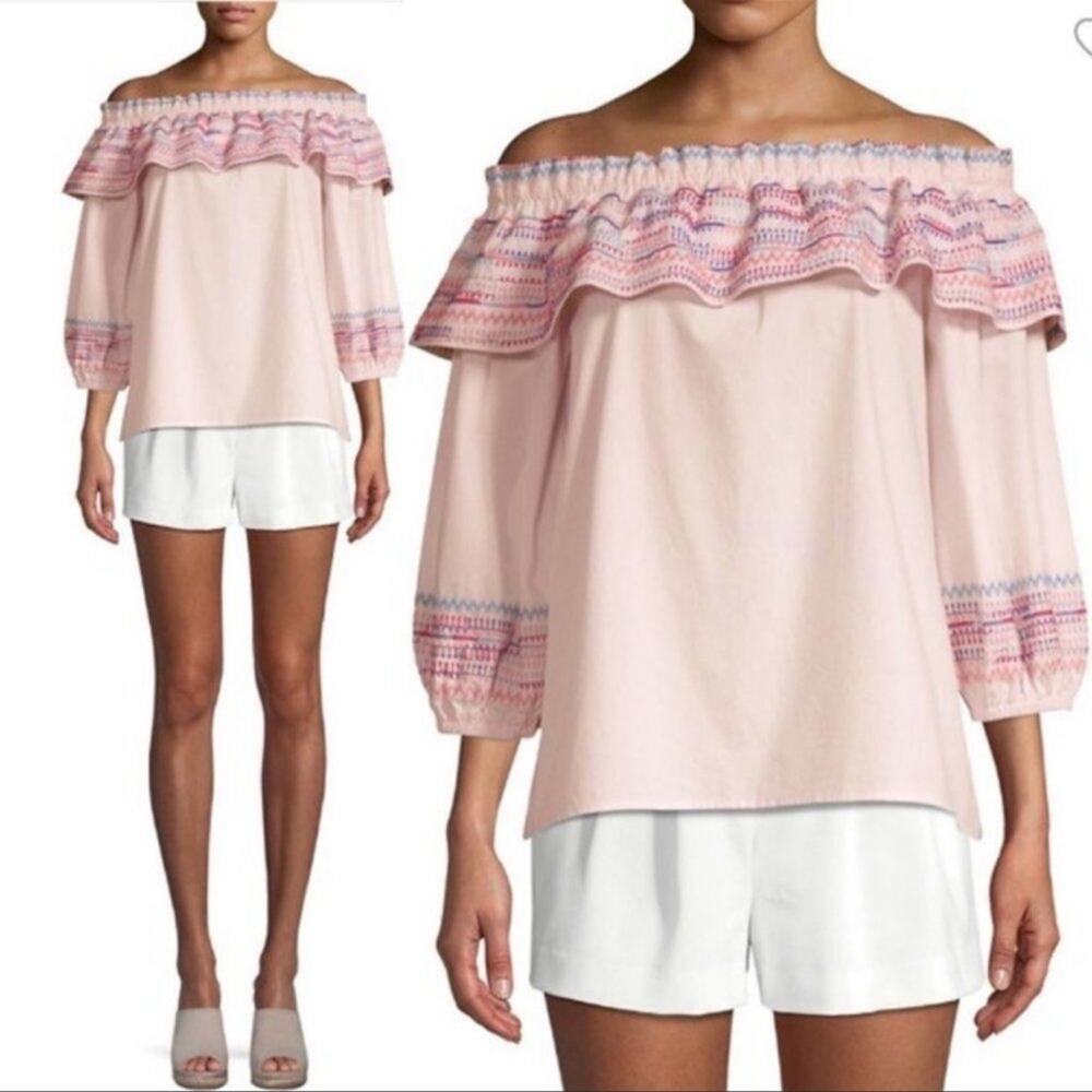Anthropologie PARKER Embroidered Off Shoulder Boho Peasant Blouse Pink S